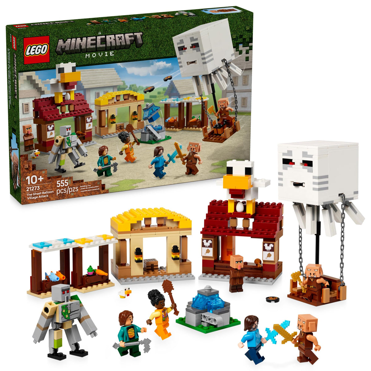 Authentic LEGO set featuring Ghast, balloon village, characters, and buildable scenes for creative play.