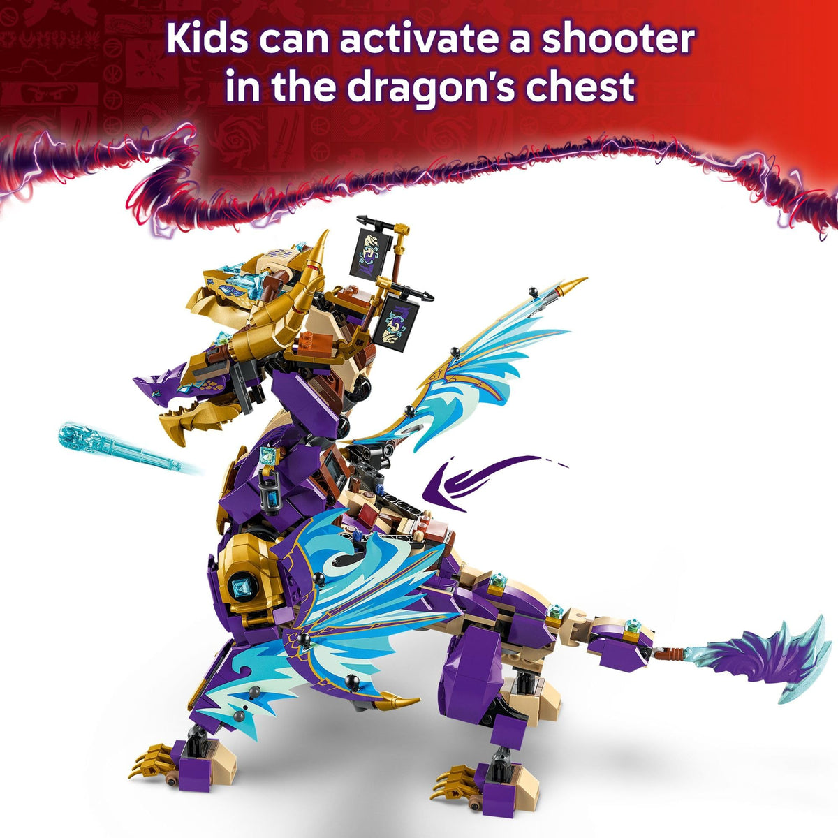 Build the LEGO NINJAGO Arc Dragon of Focus, featuring a chest shooter and vibrant colors. Verified by CuratCart.