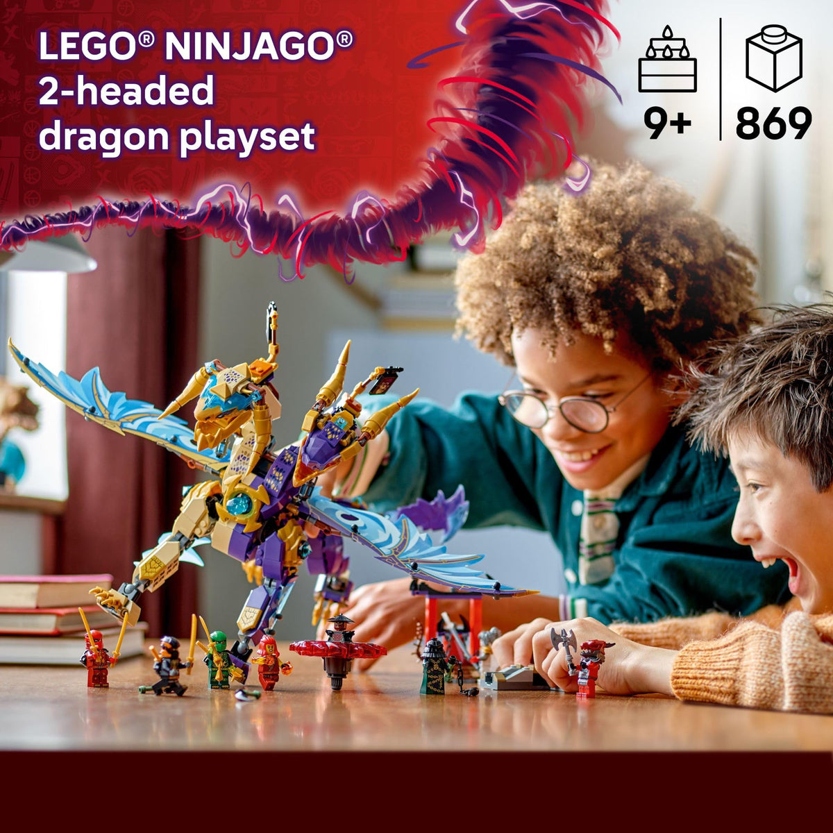 Engaging LEGO NINJAGO Arc Dragon playset with kids, featuring a 2-headed dragon. Available in India. Order online today!