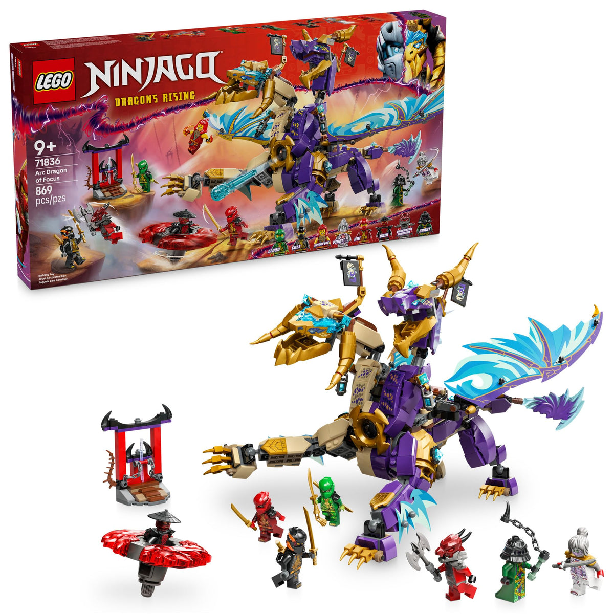 Authentic LEGO Ninjago Arc Dragon of Focus Battle set, featuring a detailed dragon and five minifigures. Perfect for ages 9+.