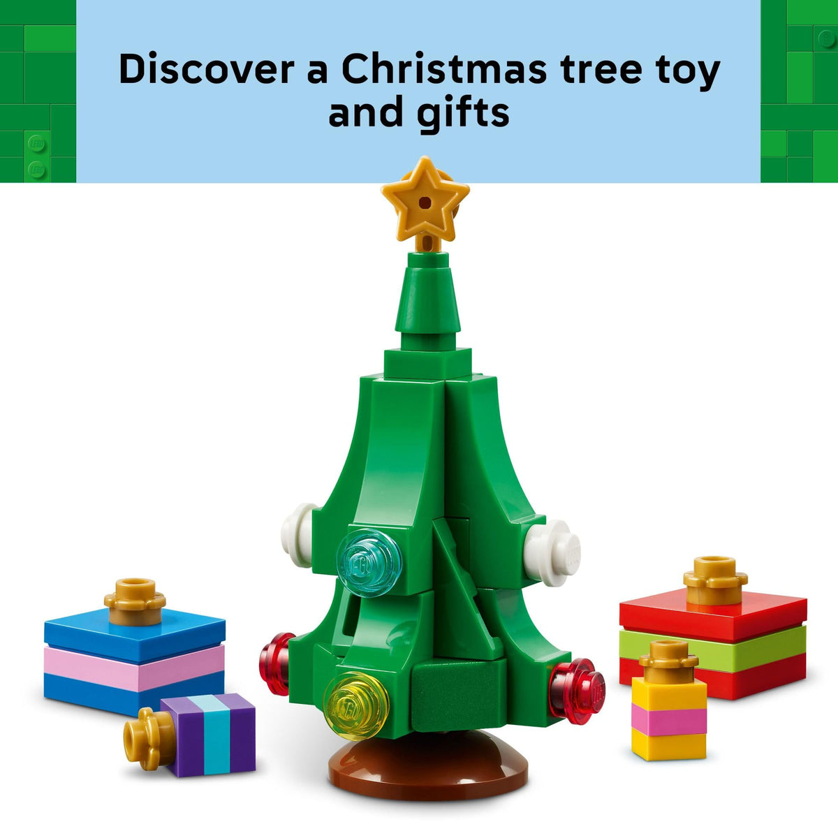Festive LEGO Christmas tree toy surrounded by vibrant presents. A premium imported holiday gift for creative play.