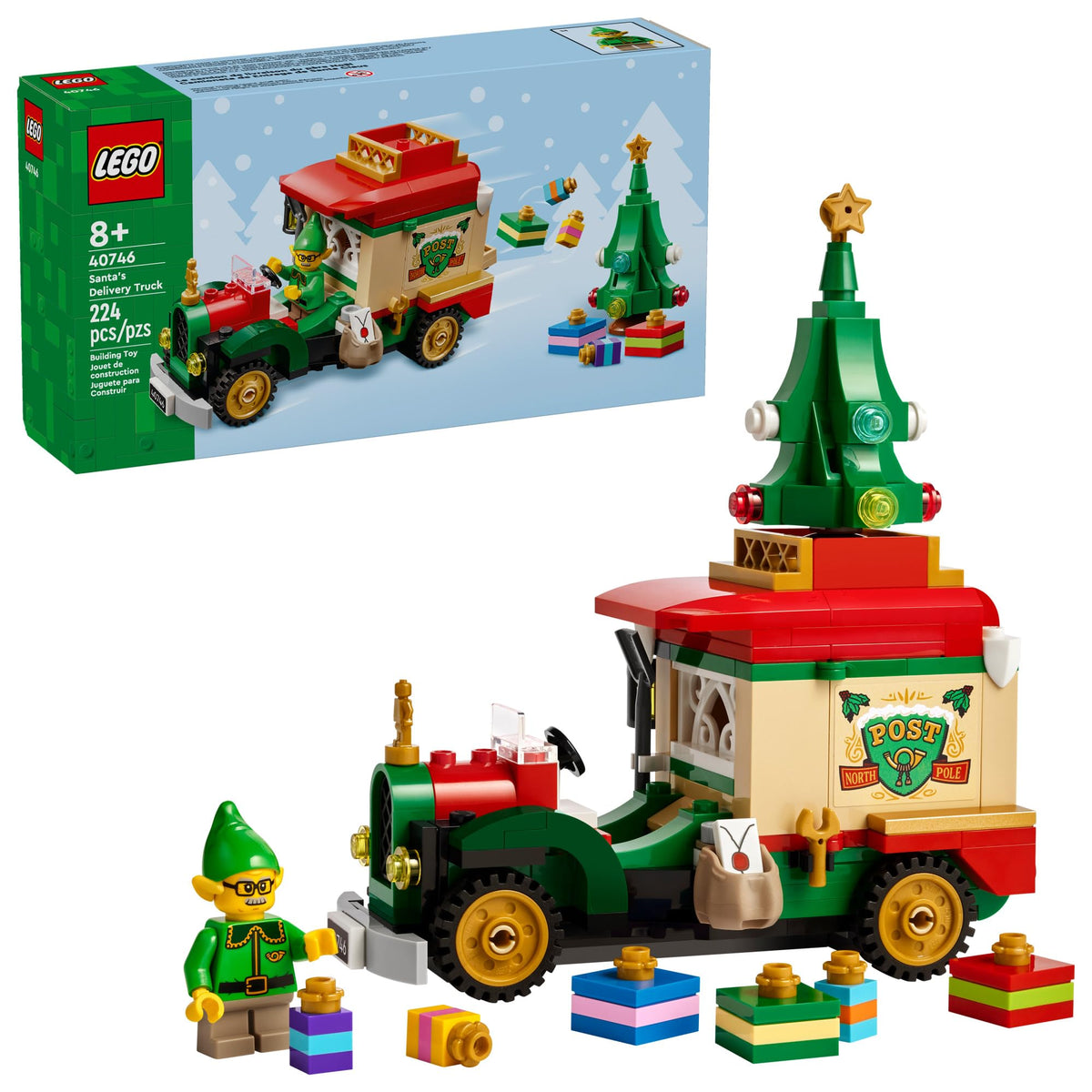 100% Genuine LEGO Santa's Delivery Truck set with festive tree, elf figure, and colorful gifts for holiday fun.
