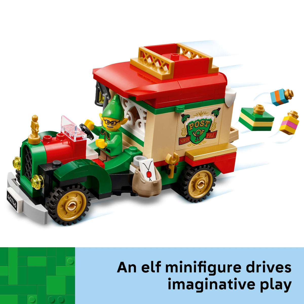 Authentic LEGO Santa’s Delivery Truck toy features an elf minifigure and festive decorations, sparking imaginative fun.