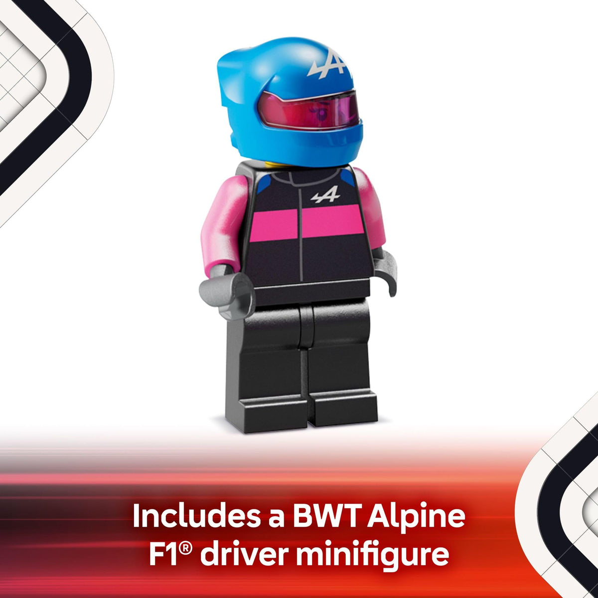 LEGO Speed Champions set featuring a BWT Alpine F1 driver minifigure, with vibrant helmet and team colors. Verified by CuratCart.