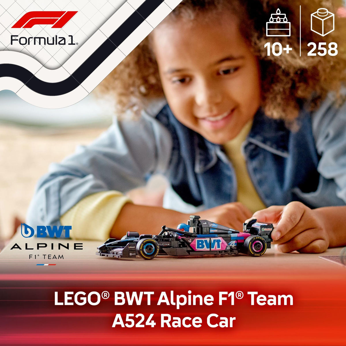 Order the LEGO BWT Alpine F1 Team A524 race car set online. Available for ages 10+, featuring 258 pieces.