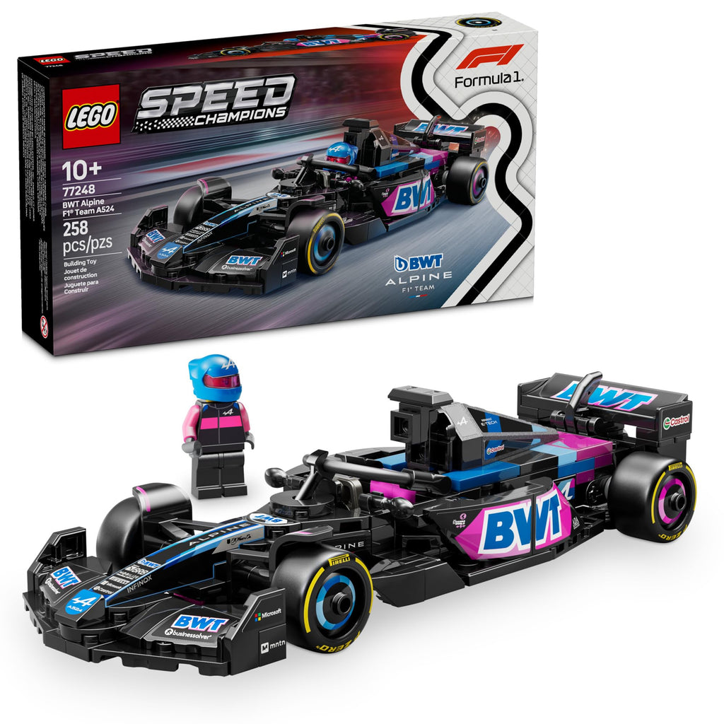 Build the authentic LEGO Speed Champions BWT Alpine F1 Team set. Includes 258 pieces and a detailed driver figure.