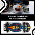LEGO Speed Champions Oracle Red Bull Racing set with detailed car, helmet, and controller. Verified by CuratCart.