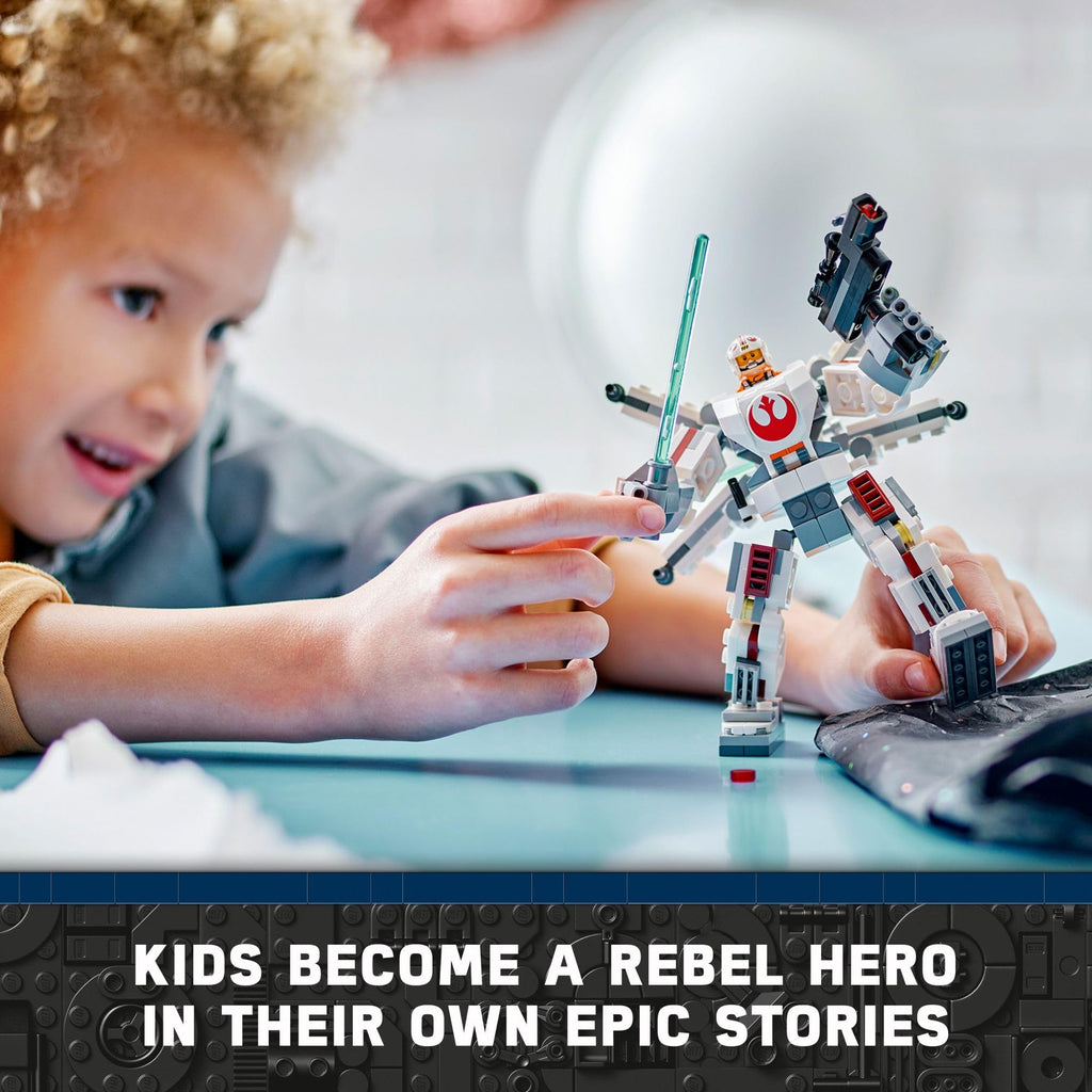 A child engages with a LEGO Star Wars set, assembling Luke Skywalker’s X-Wing, fostering creativity and adventure.