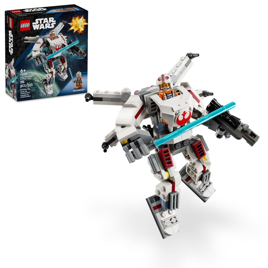 Authentic LEGO Star Wars Luke Skywalker X-Wing model with detailed design, featuring pilot figure and accessory. Ages 6+.