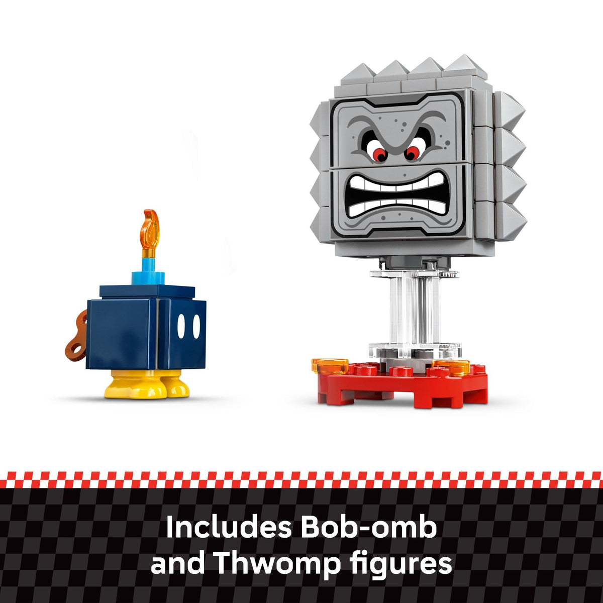 LEGO Super Mario Kart set includes Bob-omb and Thwomp figures, perfect for creative gameplay and interactive fun.