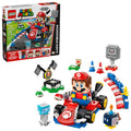Authentic LEGO Super Mario Kart set featuring Mario, a kart, obstacles, and interactive components for fun play.