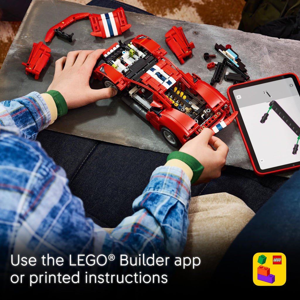 Build the authentic LEGO Technic Ferrari 488 Pista with 100% genuine pieces. Use the LEGO Builder app for guidance.