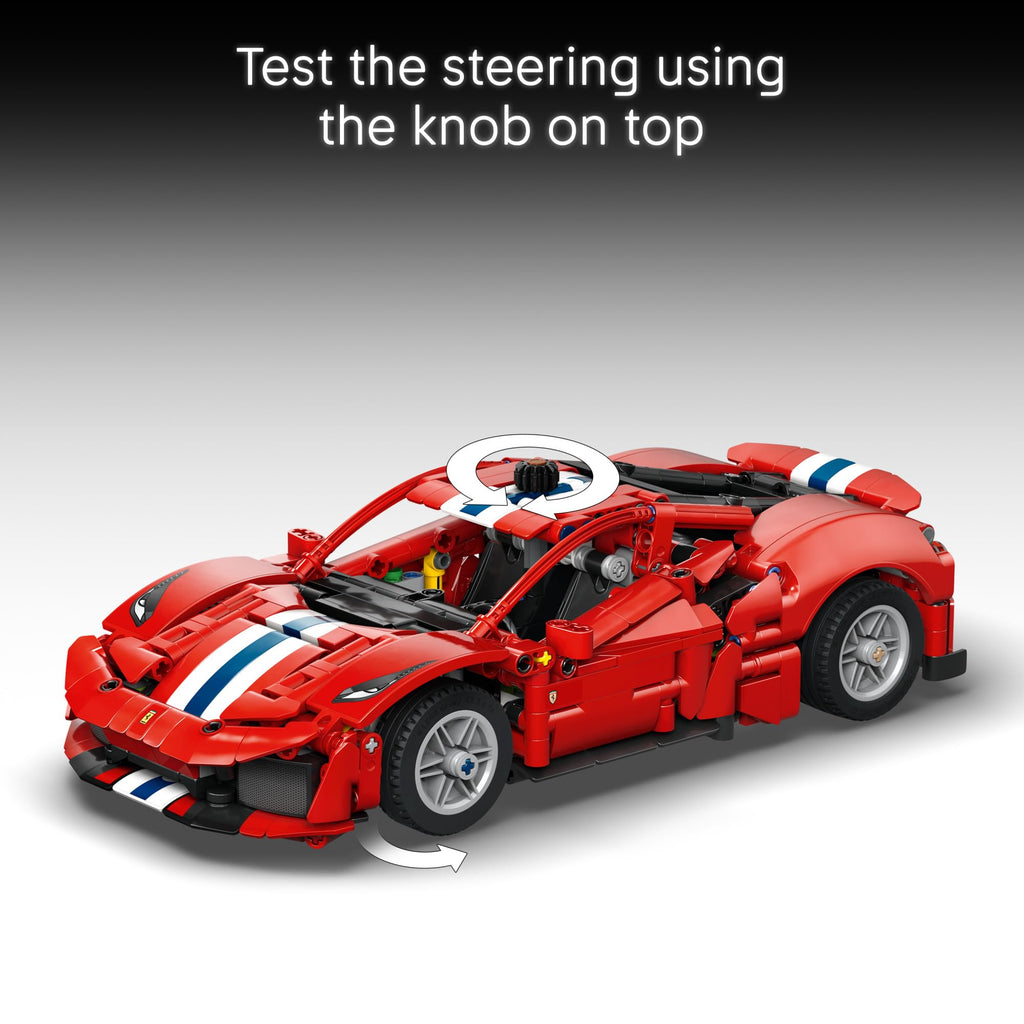 A detailed LEGO Technic model of the Ferrari 488 Pista in striking red, featuring functional steering and iconic design. Verified by CuratCart.