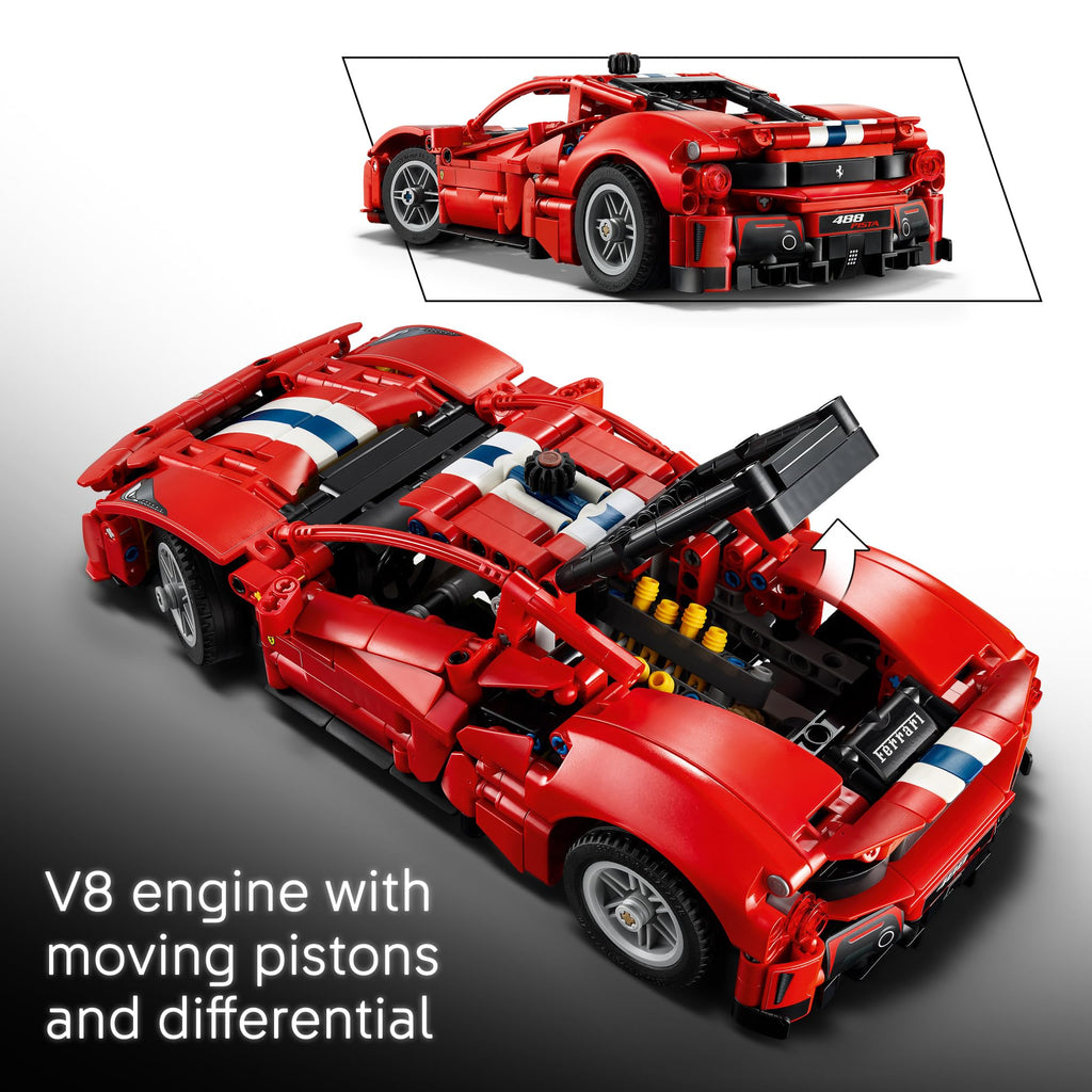 Premium imported LEGO Technic Ferrari 488 Pista features a detailed V8 engine with moving pistons and differential.