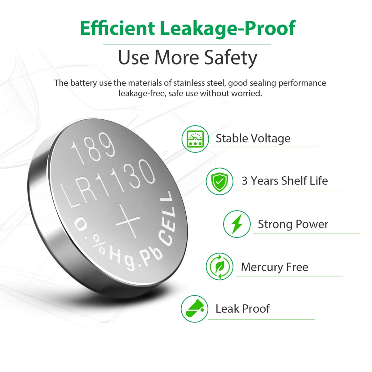 LiCB LR1130 button cell battery in original packaging, highlighting leak-proof design and safety features.