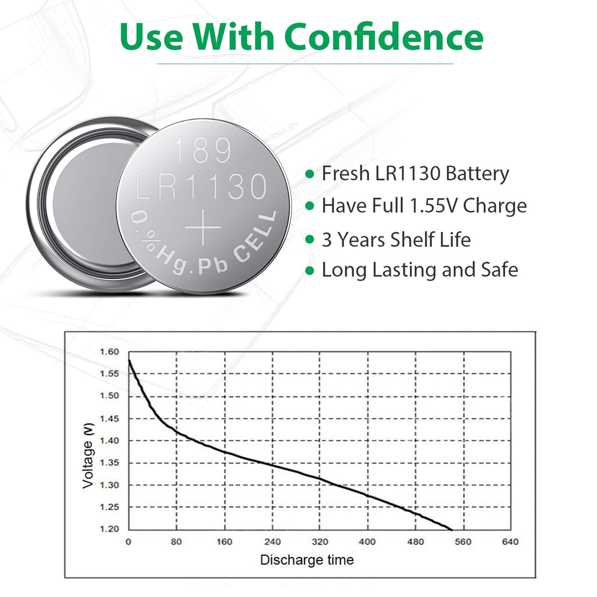 Premium imported LiCB LR1130 battery with 1.55V full charge, ensuring longevity and safety for your devices.