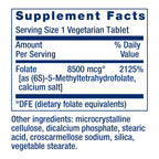 High-quality supplement facts label for Life Extension Optimized Folate, showcasing vegetarian tablet ingredients. Available at Curat Cart.
