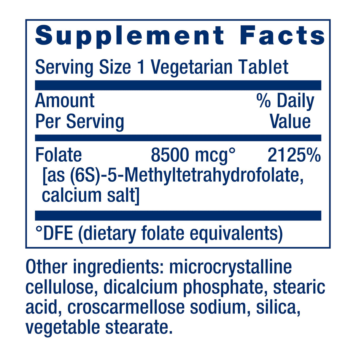 High-quality supplement facts label for Life Extension Optimized Folate, showcasing vegetarian tablet ingredients. Available at Curat Cart.