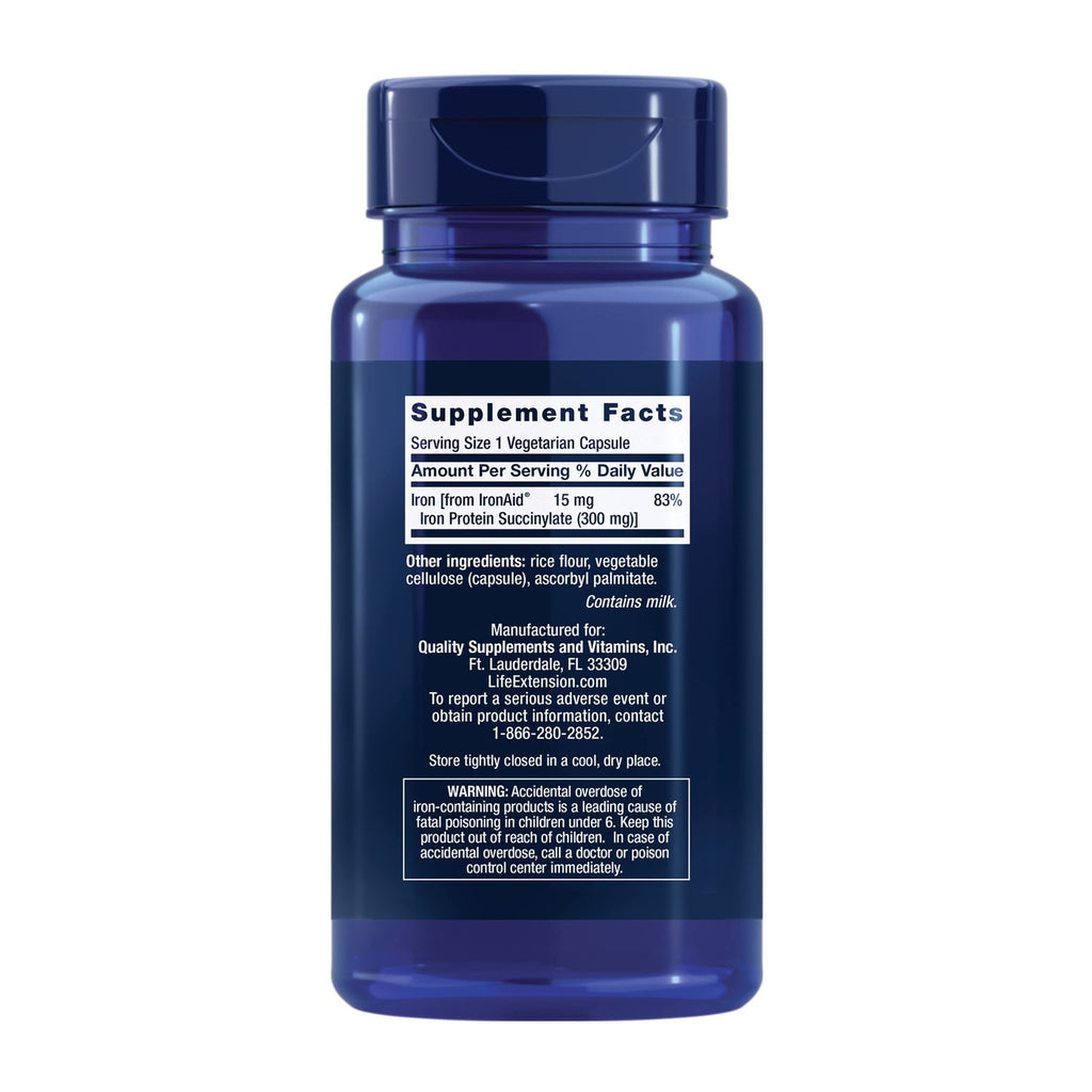 Life Extension Iron Protein Plus in a blue bottle. 100% Authentic, available in India at Curat Cart for better iron support.