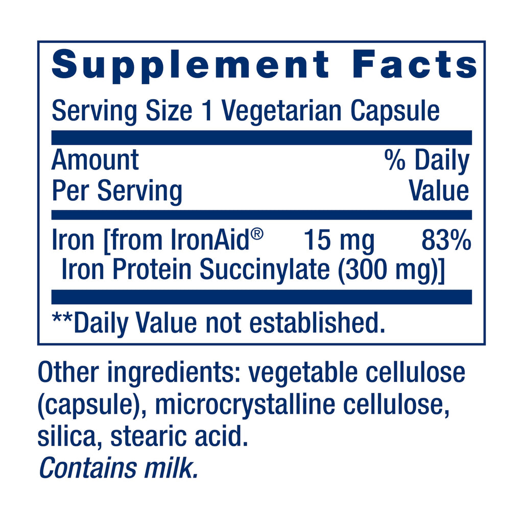 Life Extension Iron Protein Plus showcases high-quality supplement facts on official packaging, available at Curat Cart.