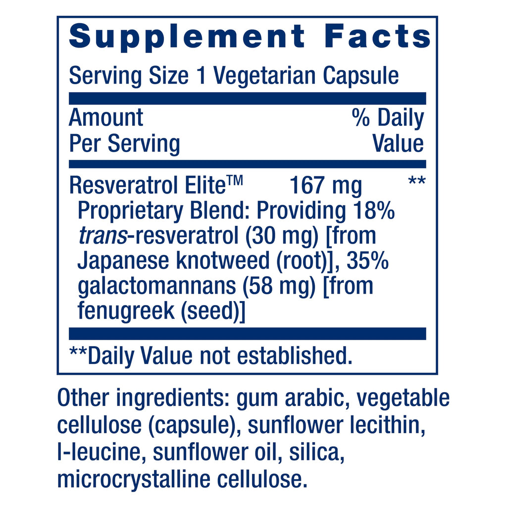 Detailed supplement facts of Life Extension Resveratrol Elite, showcasing official packaging quality. Available at Curat Cart.