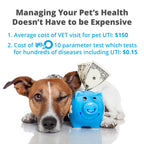 Informative infographic highlighting cost savings with life2O Cat & Dog Urine Test Strips. Available at Curat Cart.