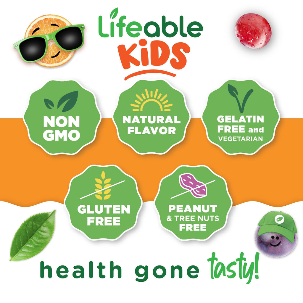 Lifeable Kids Vitamin C Gummies in official packaging, highlighting non-GMO, gluten-free, and vegetarian qualities. Available at Curat Cart.