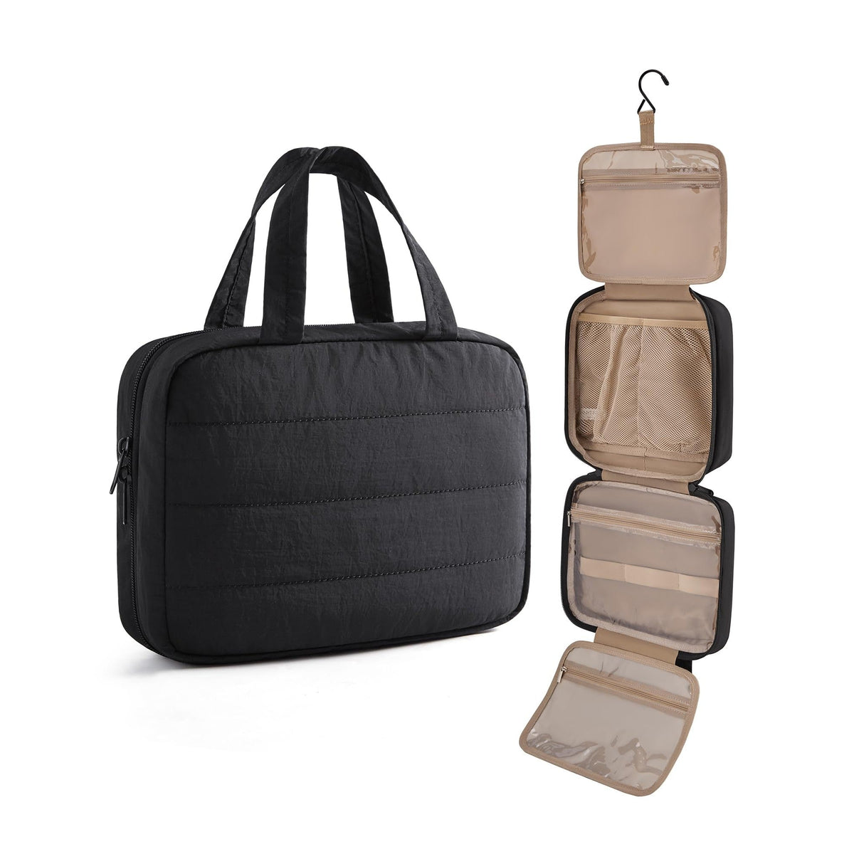 Authentic LIGHT FLIGHT travel toiletry bag in black. Features multiple compartments, hooks for hanging, and a sleek design.