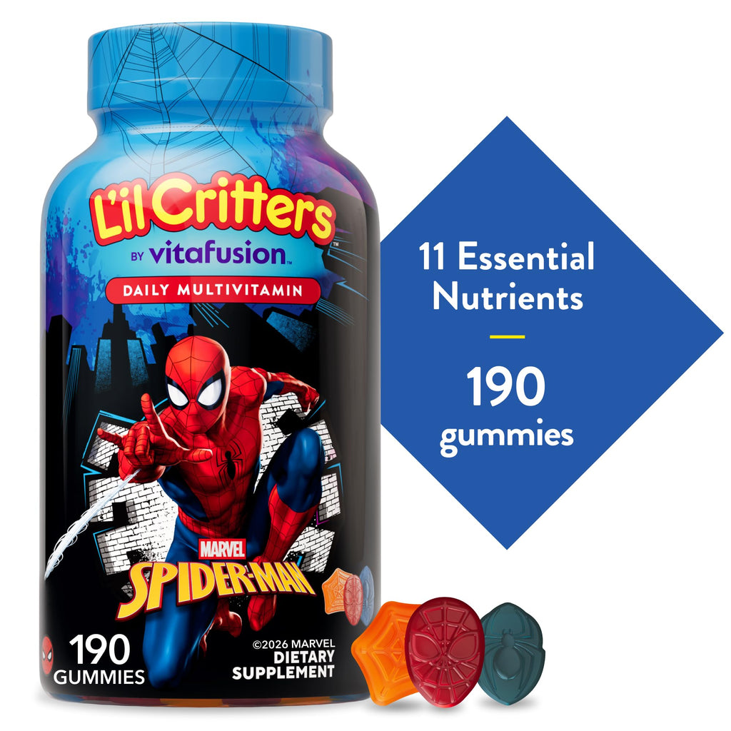 Lil Critters Spider-Man Gummies from Curat Cart, featuring 11 essential nutrients in a vibrant, exclusive packaging for health-conscious consumers.