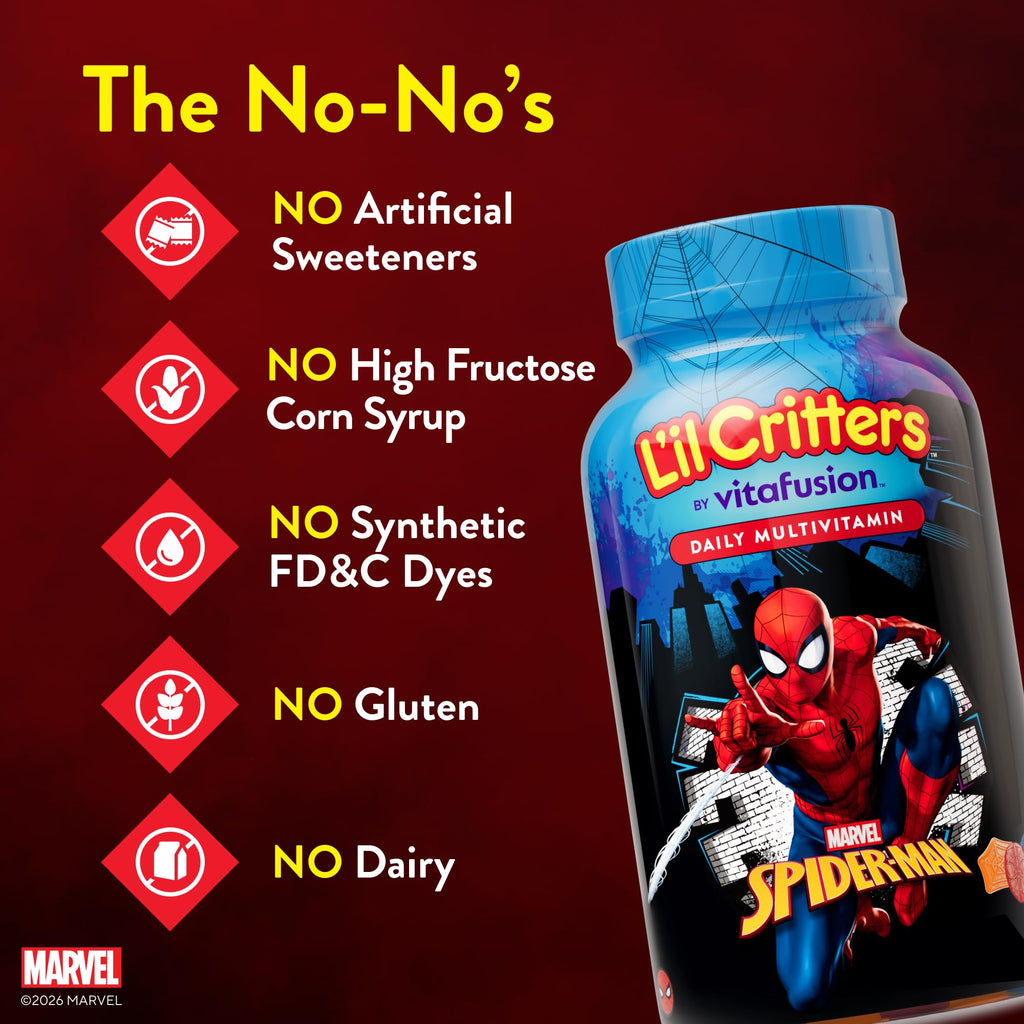 Lil Critters Spider-Man Gummies in official packaging, featuring no artificial sweeteners or gluten. Available at Curat Cart.
