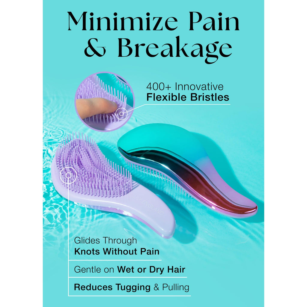 Lily England's premium detangler brush features 400+ flexible bristles, minimizing pain and breakage, suitable for all hair types.