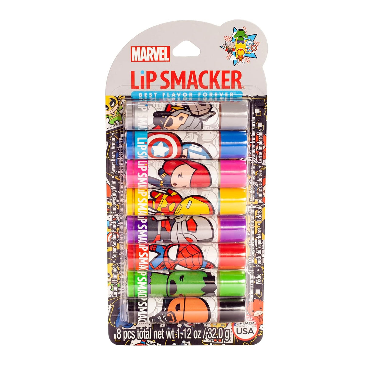 100% genuine Lip Smacker Coca-Cola flavored balm, vibrant packaging showcasing various flavors for a fun lip care experience.