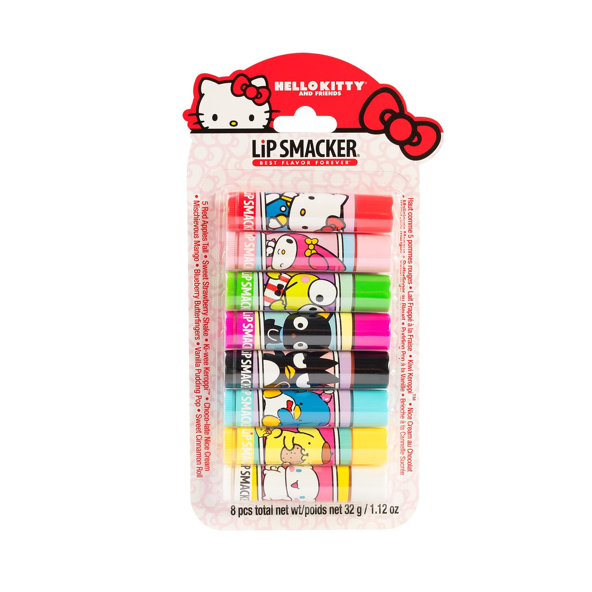 Vibrant Lip Smacker lip balm set featuring Hello Kitty designs, includes eight flavors in original packaging.