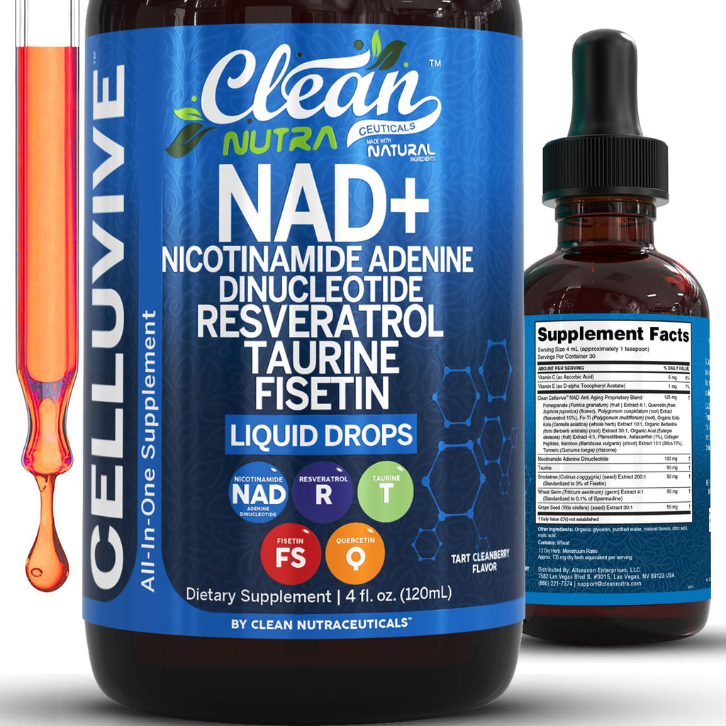 Premium imported Clean Liposomal NAD Resveratrol Supplement in liquid drops, available at Curat Cart for health enthusiasts.