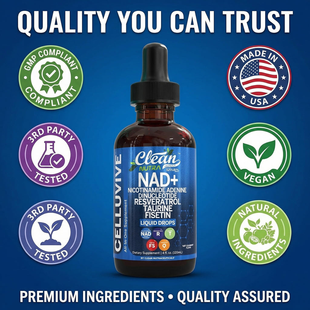 Clean Liposomal NAD Resveratrol Supplement in high-quality packaging, ensuring premium ingredients and trust. Available at Curat Cart.