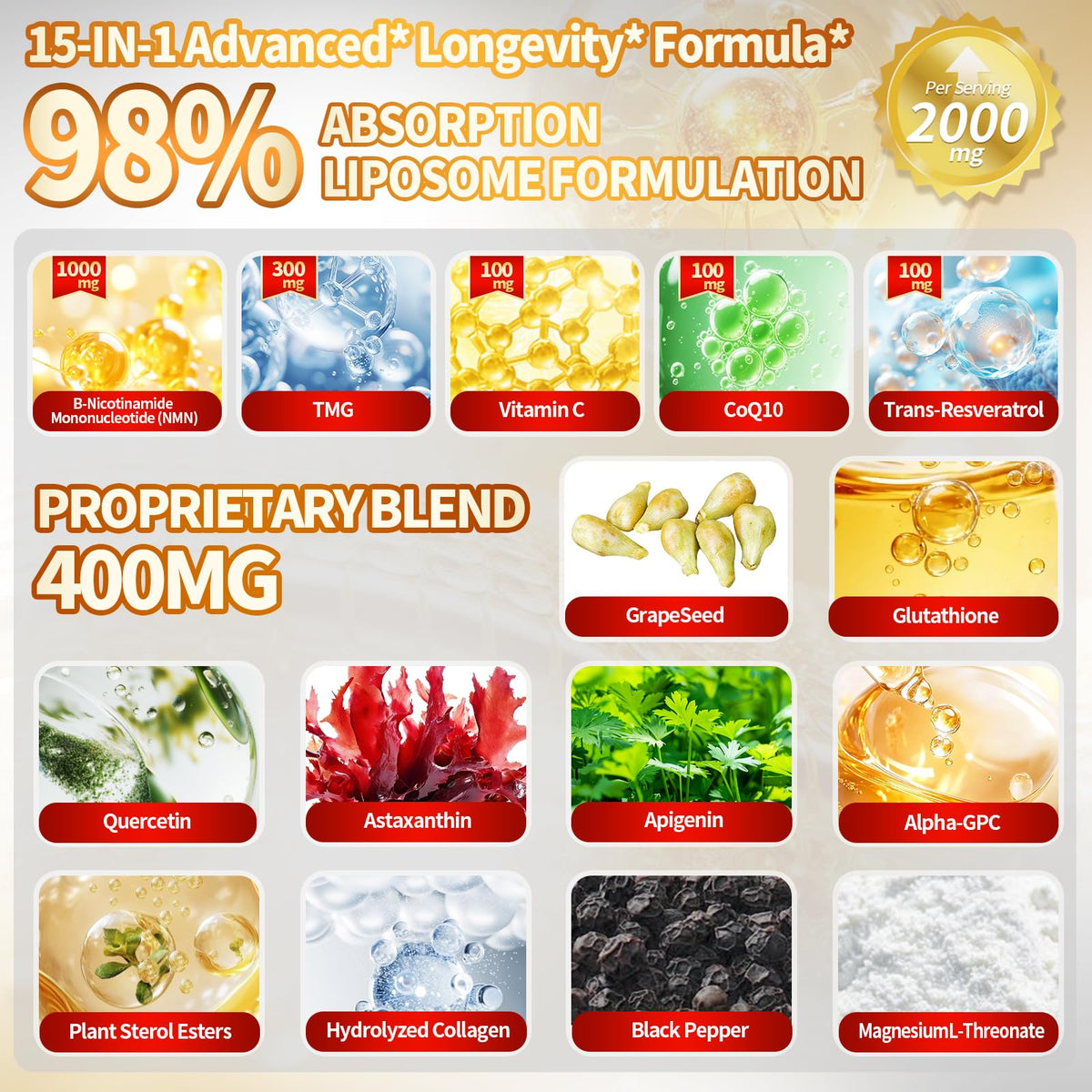 Premium imported Liposomal NMN 2000mg supplement featuring a proprietary blend for optimal absorption and longevity.