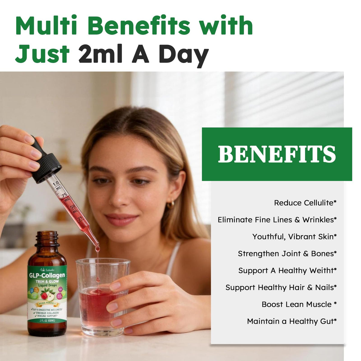Premium imported liquid collagen for women, promoting youthful skin and healthy hair with just 2ml daily.