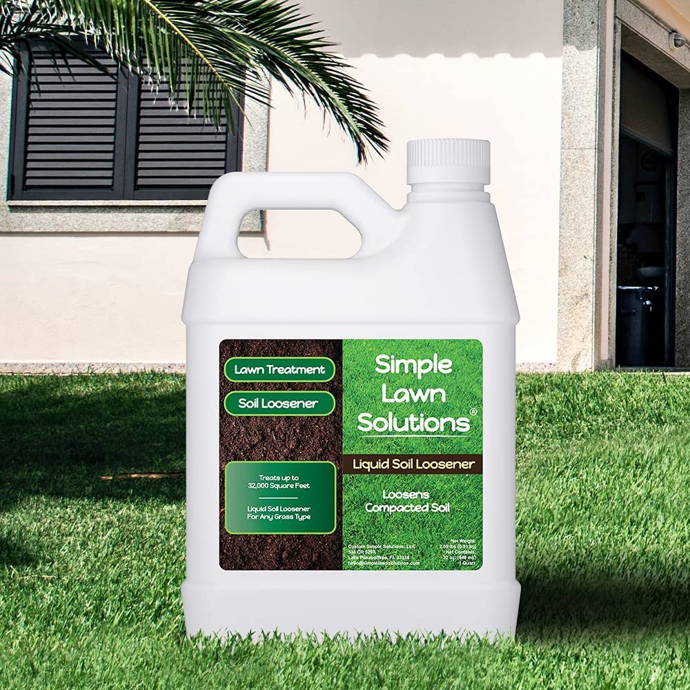 High-quality packaging of Simple Lawn Solutions Liquid Soil Loosener designed to treat up to 32,000 square feet. Available at Curat Cart.