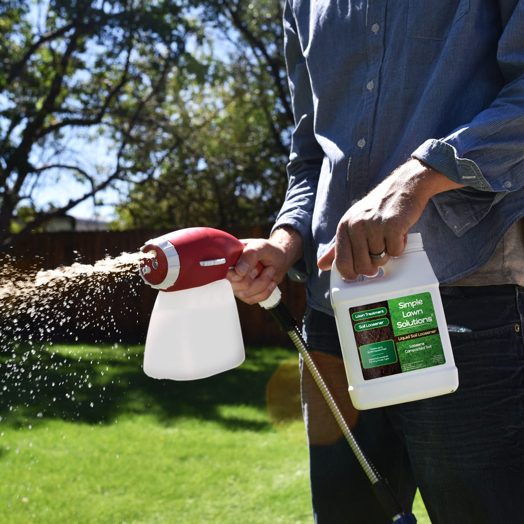 Simple Lawn Solutions Liquid Soil Loosener being applied with a sprayer; 100% Authentic, available at Curat Cart in India.