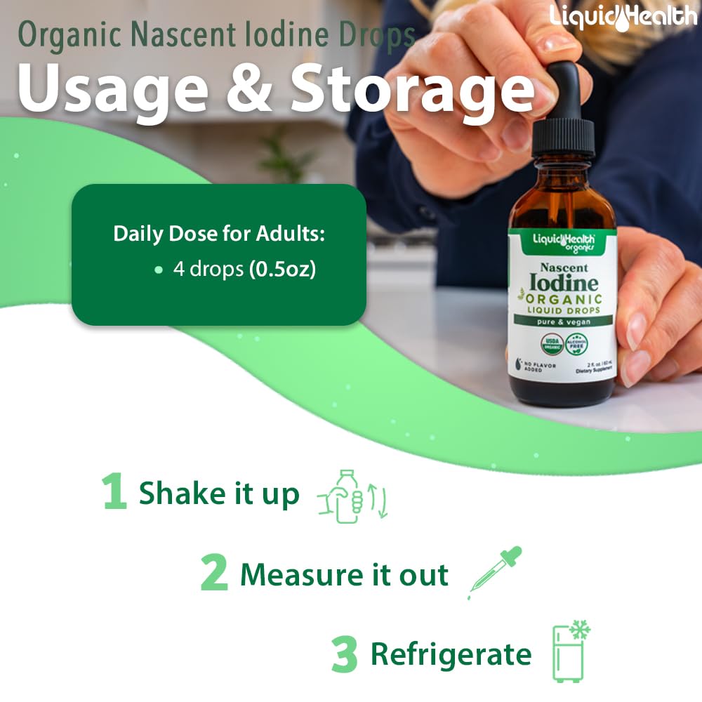LiquidHealth Organic Nascent Iodine Drops on a countertop, showcasing dosage instructions. Verified by CuratCart.