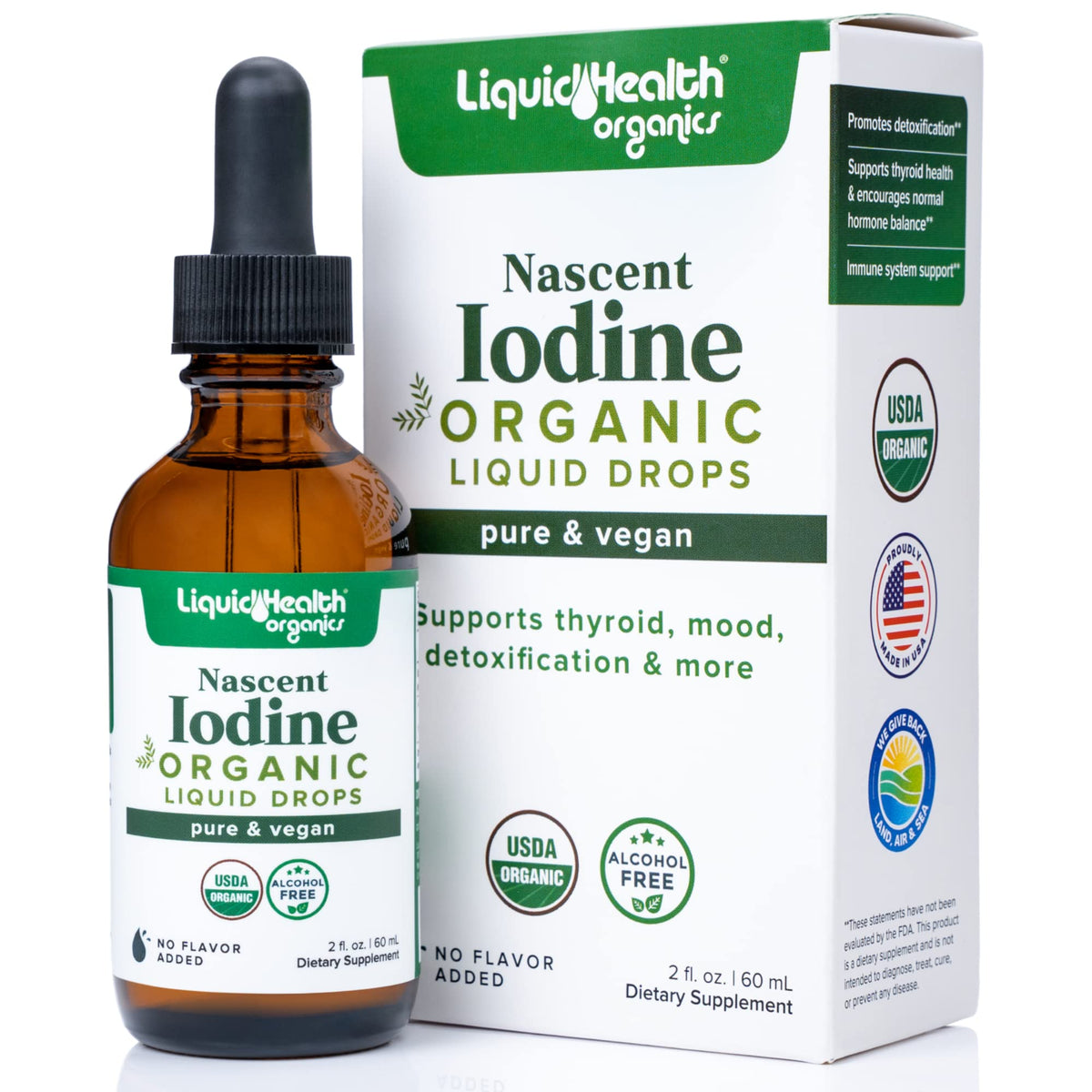 100% Genuine LiquidHealth Organic Nascent Iodine Drops, supports thyroid and detoxification, pure and vegan.