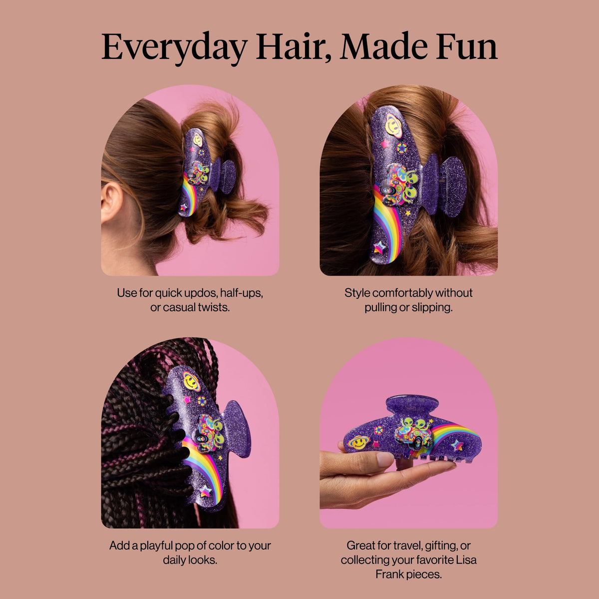 Add fun with this Lisa Frank x Kitsch glitter hair clip. Available online for easy ordering and styling options.