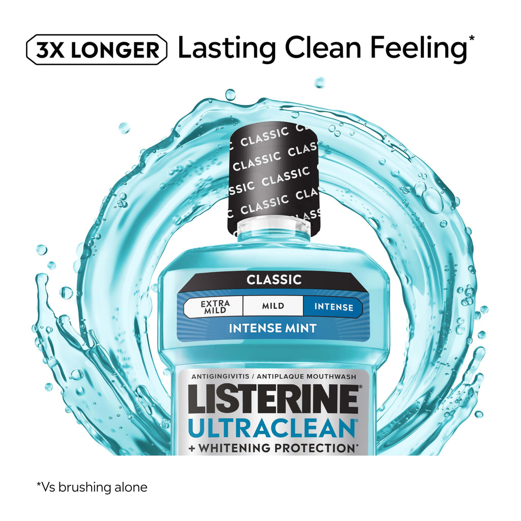 Experience Listerine Ultraclean Mouthwash in official packaging, delivering a lasting clean feeling with intense mint flavor. Available at Curat Cart.