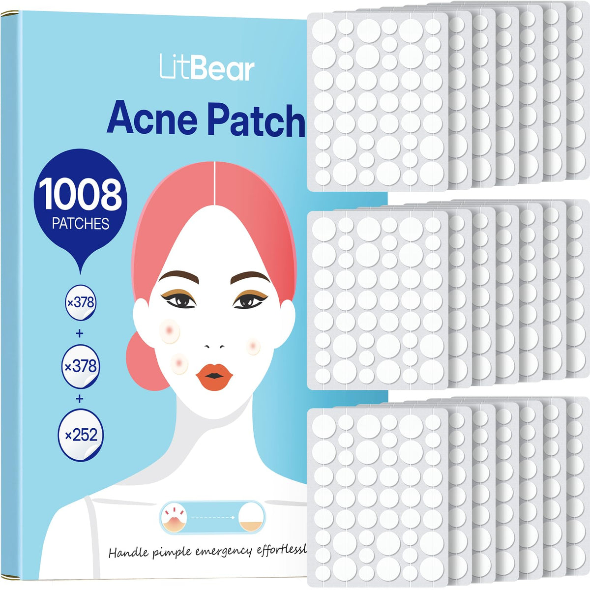 LitBear's genuine acne patches, featuring 1008 patches in various sizes to handle pimple emergencies effortlessly.