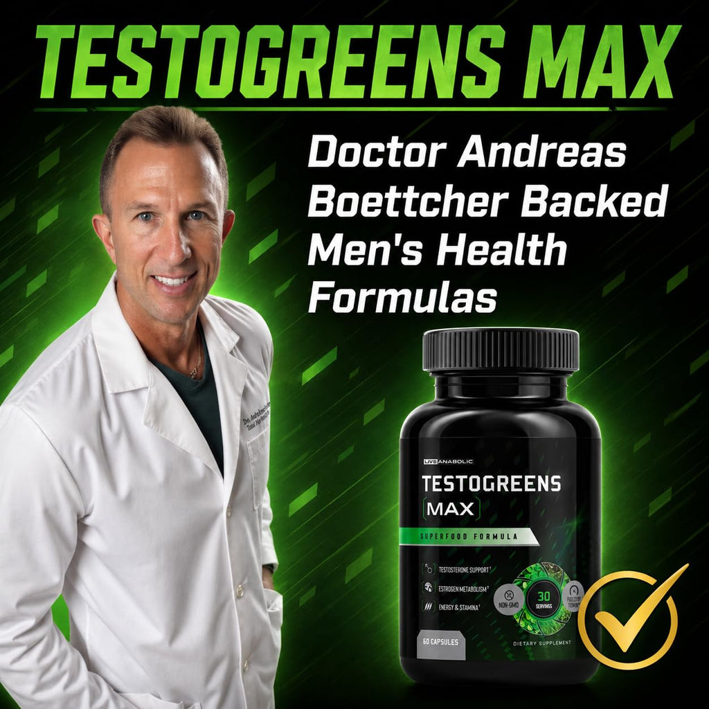 TestoGreens Max Men's Greens Supplement in official packaging, endorsed by Doctor Andreas Boettcher. Available at Curat Cart.