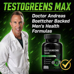 TestoGreens Max Men's Greens Supplement in official packaging, endorsed by Doctor Andreas Boettcher. Available at Curat Cart.
