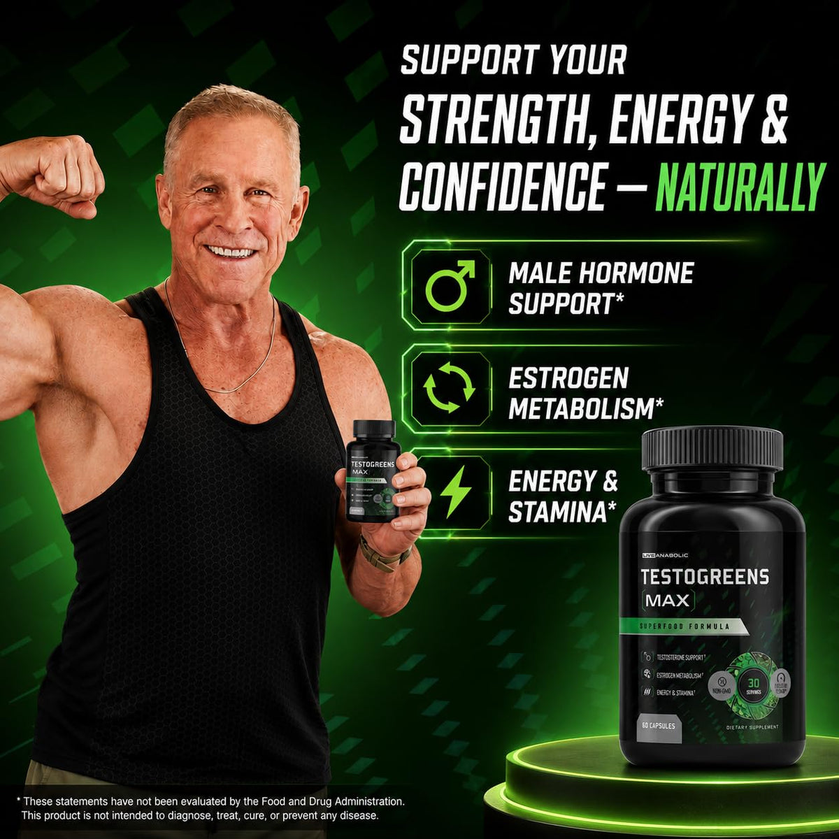 TestoGreens Max Men's Greens Supplement in official packaging, promoting strength, energy, and confidence. Available at Curat Cart.