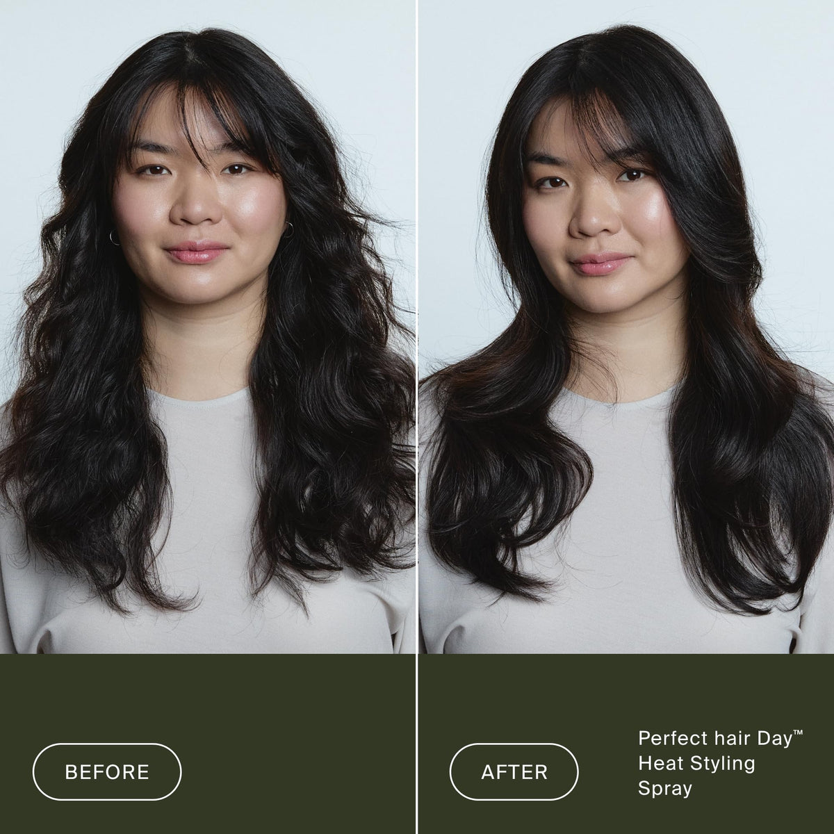 Before and after using Living Proof Perfect Hair Day Heat Styling Spray, showcasing sleek, smooth hair with shine.