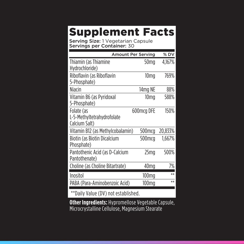 Livingood Daily Vitamin B Complex supplement facts label showcasing high-quality packaging at Curat Cart. Perfect for daily wellness.