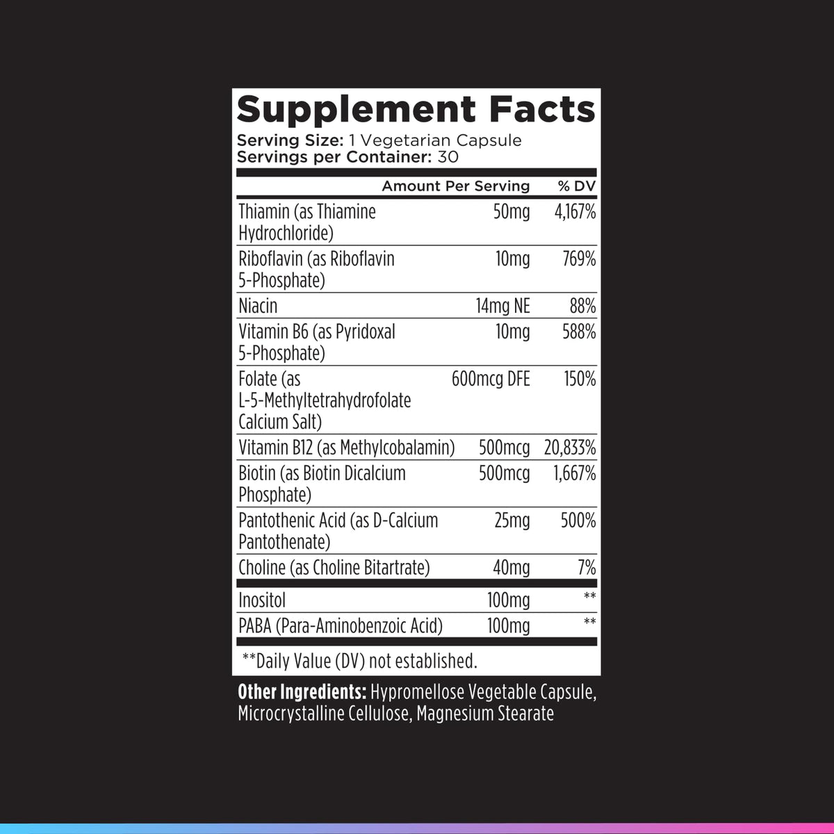 Livingood Daily Vitamin B Complex supplement facts label showcasing high-quality packaging at Curat Cart. Perfect for daily wellness.